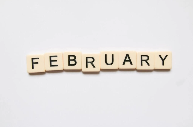 February spelt out in scrabble blocks